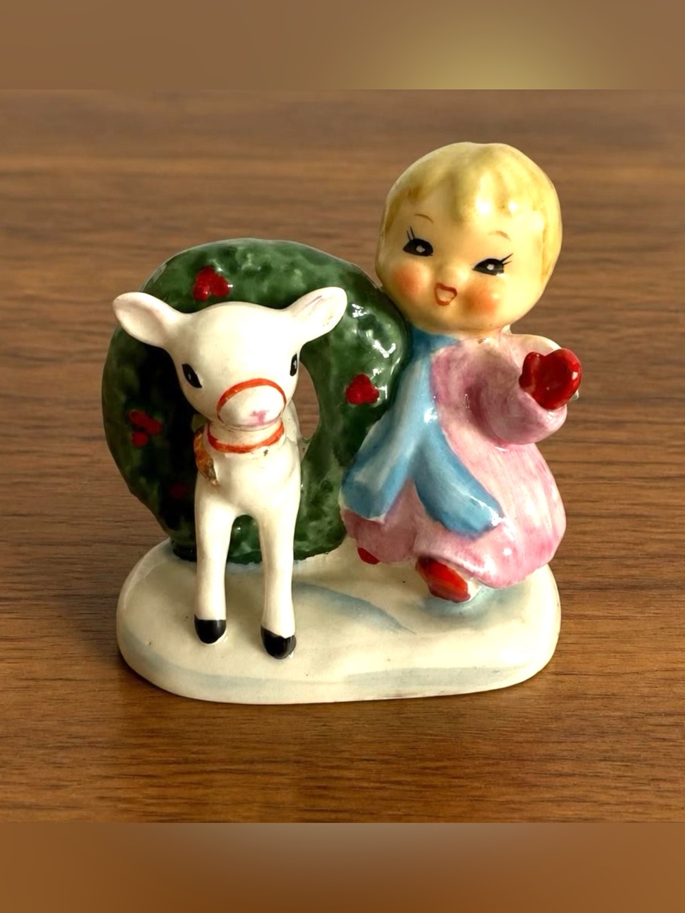 Vtg Napco Christmas Joy Angel Girl Lamb Wreath Figurine Japan Kitsch Christmas